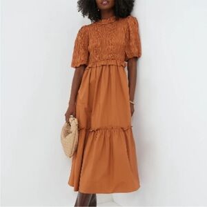 Anthropologie Moon River Puff Sleeve Smocked Midi Dress Caramel Brown Small